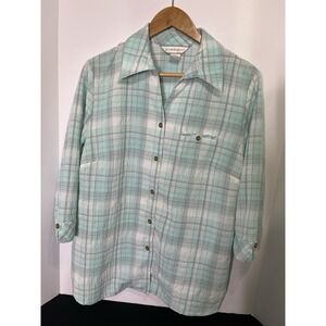Allison Daley Mint Green Plaid Button Up Blouse 3/4 Sleeve Seersucker Women's 12